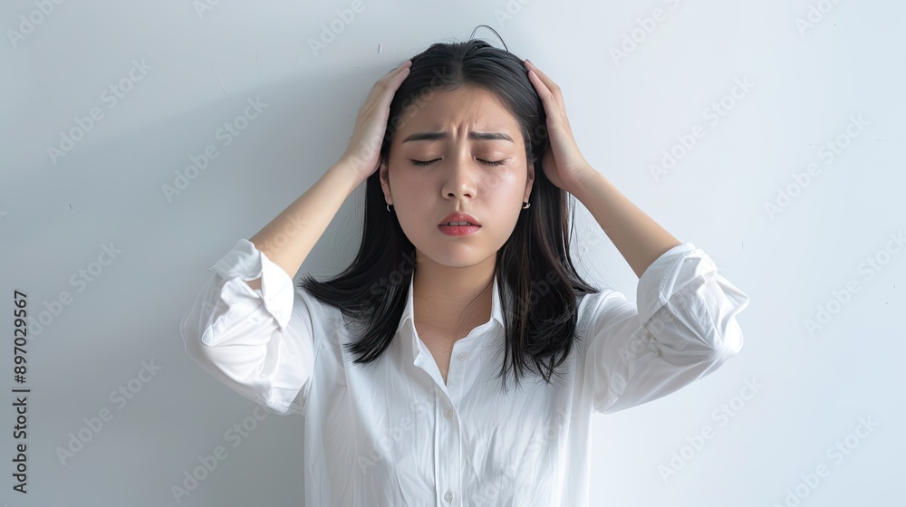 Young Asian woman with a headache and stressed expression, touching her head while standing on a white background, showcasing office syndrome Young Asian woman with a headache and stressed expression, touching her head while standing on a white background, showcasing office syndrome