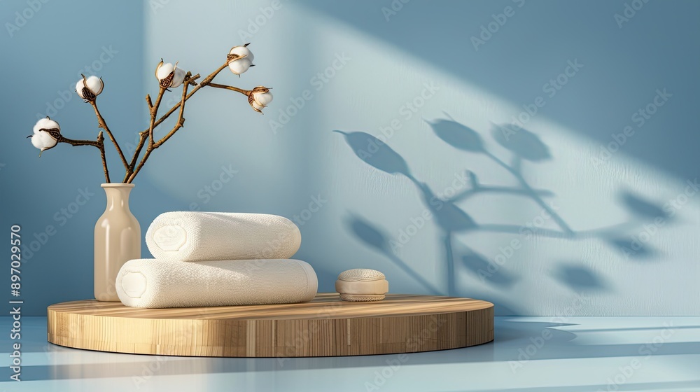 Wooden round podium pedestal with cotton towels and a cotton branch, perfect for product presentation with a calm blue background. Wooden round podium pedestal with cotton towels and a cotton branch, perfect for product presentation with a calm blue background.