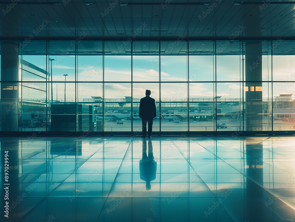 A Silhouette of a Traveler Looking Out at an Airport Terminal A Silhouette of a Traveler Looking Out at an Airport Terminal