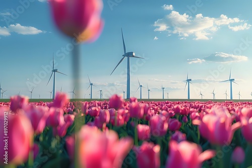 tulip field with windmill. Generative AI