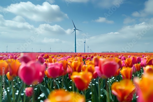tulip field with windmill. Generative AI