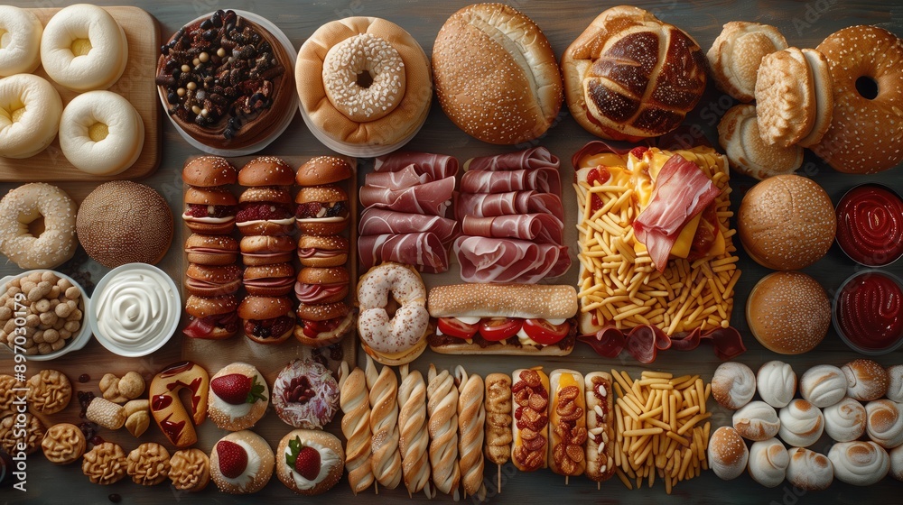 Hidden Calories: A depiction of hidden calories in everyday foods, with calorie counts overlaid on common items . fast food theme Hidden Calories: A depiction of hidden calories in everyday foods, with calorie counts overlaid on common items . fast food theme