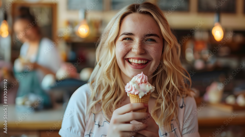 A woman with white blond hair smiling and eats ice cream on a hot summer day. A happy and contented child in a cafe. A woman with white blond hair smiling and eats ice cream on a hot summer day. A happy and contented child in a cafe.