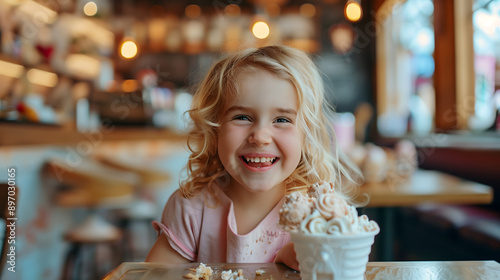 A little girl with white blond hair smiling and eats ice cream on a hot summer day. A happy and contented child in a cafe.