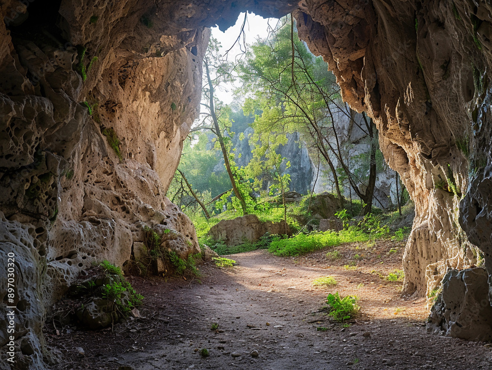 Sunlight Through A Cave Entrance In A Green Forest Sunlight Through A Cave Entrance In A Green Forest