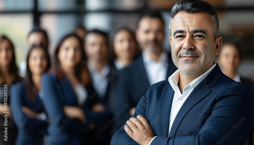 Fototapeta premium Confident Business Leader: Smiling Man Standing in Office During Team Meeting. Inspiring Leadership: Smiling Businessman Leads with Office Colleagues.