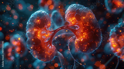 Kidney Disease. A detailed view of kidneys showing the effects of chronic kidney disease, including damaged nephrons 