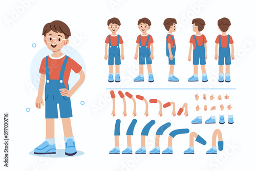 School boy character constructor for animation. Front, side and back view. Body parts and postures collection. Vector illustration.