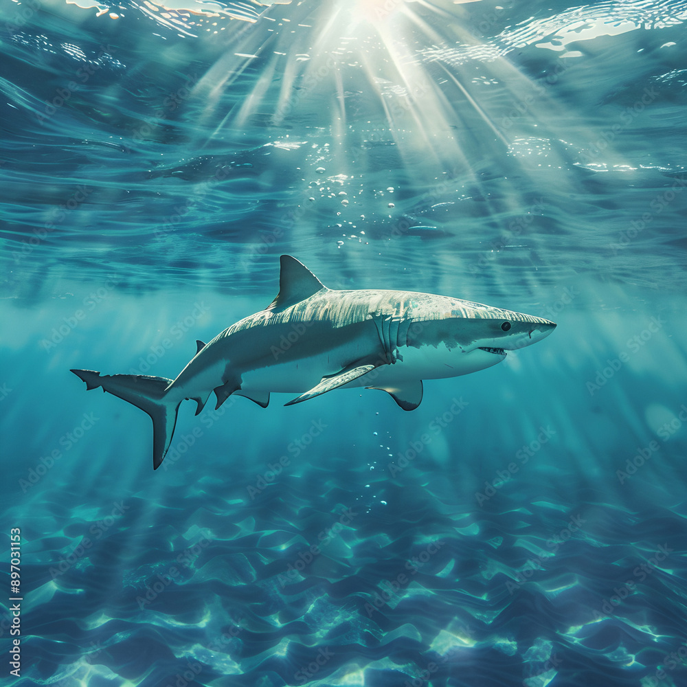 Fototapeta premium Shark in ocean. Big Shark in action swim, underwater background.