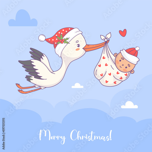 Merry Christmas card. Cute flying white stork in Santa hat and baby boy. Vector illustration. Funny cartoon bird kawaii and holiday arrival of infant. Cool Baby shower postcard. Kids collection