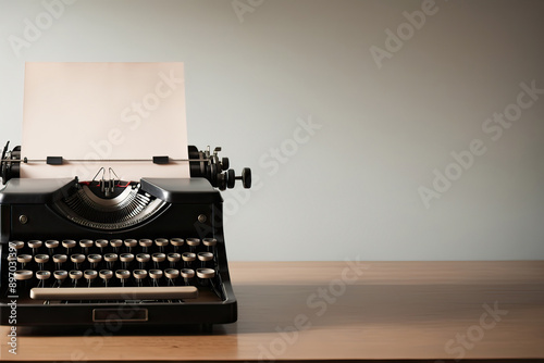 Vintage typewriter prominently on the left, with ample empty space on the right. The softly blurred background enhances the typewriter, creating a modern, minimalist feel.