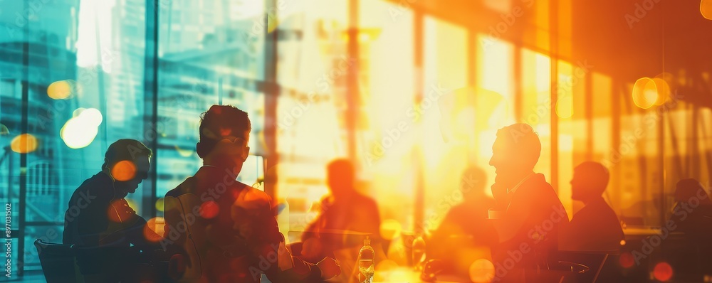 Business Meeting in Modern Office with Vibrant Lighting and Blurred Silhouettes Business Meeting in Modern Office with Vibrant Lighting and Blurred Silhouettes