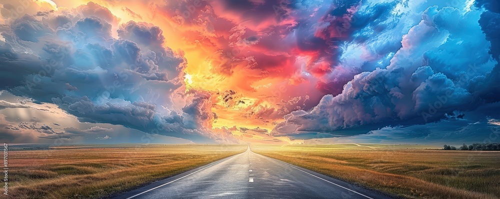 Endless Empty Road Extending Towards the Horizon Under a Dramatic and Colorful Sky Endless Empty Road Extending Towards the Horizon Under a Dramatic and Colorful Sky