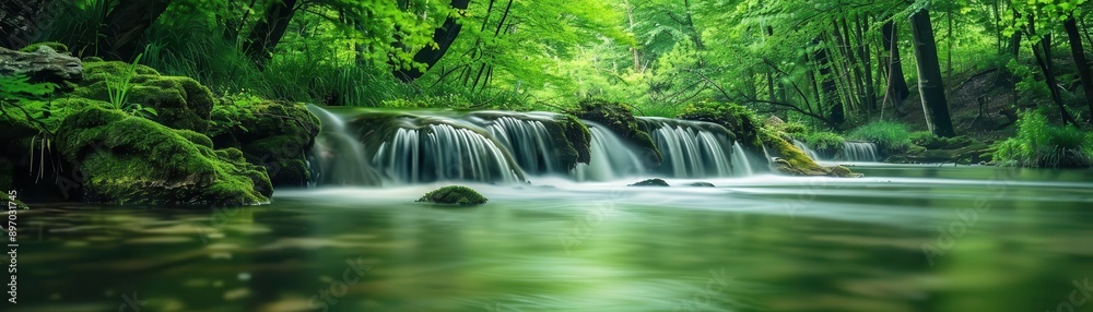 Fototapeta premium A serene waterfall cascading through lush green foliage, creating a tranquil ambiance and reflecting nature's beauty.