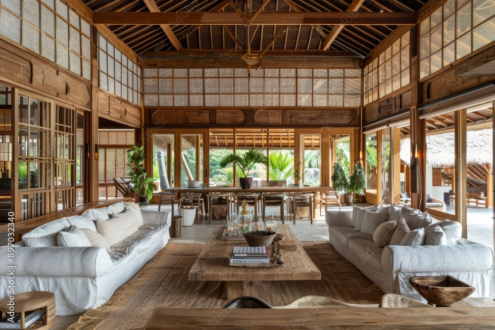 Interior of a modern living room with wooden ceiling, wooden walls and a large wooden floor Interior of a modern living room with wooden ceiling, wooden walls and a large wooden floor