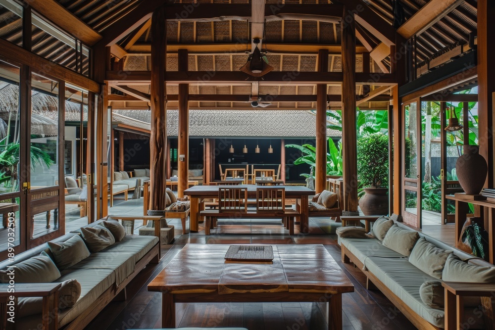 The interior design of the dining room in a restaurant in Kanchanaburi, Thailand. The interior design of the dining room in a restaurant in Kanchanaburi, Thailand.