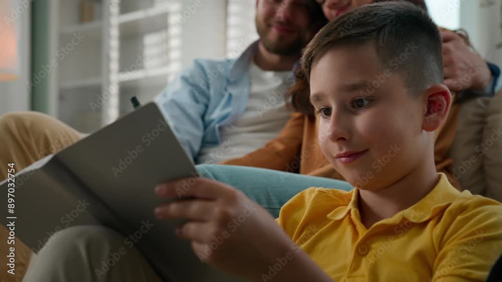 Smiling kid boy child writing notes in notebook drawing do homework at home loving parent mother father mom dad sitting in embrace on couch looking son happy Caucasian family relax enjoying together Smiling kid boy child writing notes in notebook drawing do homework at home loving parent mother father mom dad sitting in embrace on couch looking son happy Caucasian family relax enjoying together