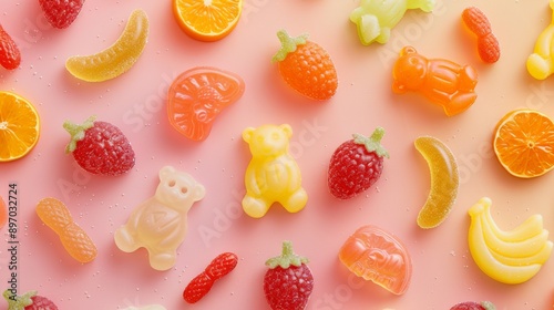 Colorful Assorted Gummy Candies on Pink Background Ideal for Confectionery Advertising, Packaging, Posters photo