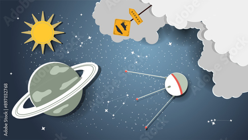 A flat illustration on the theme of space, a satellite flies in space against a planet with rings