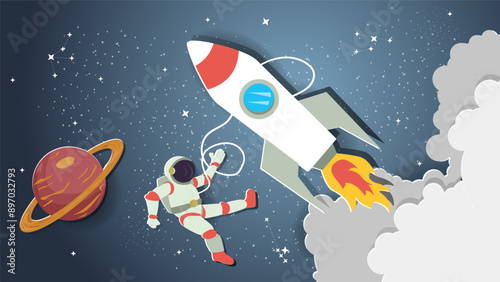 A flat illustration on the theme of space an astronaut in outer space against the background of a flying rocket