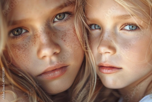 Portrait of two blonde children with freckles posing together with a neutral expression © ylivdesign