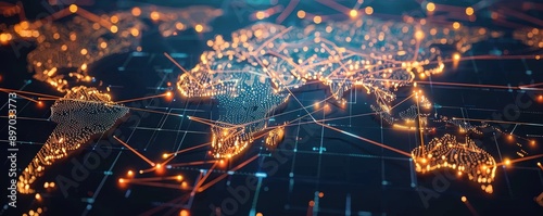 Digital Representation of a World Map Highlighting Asia with Glowing Data Points and Network Connections