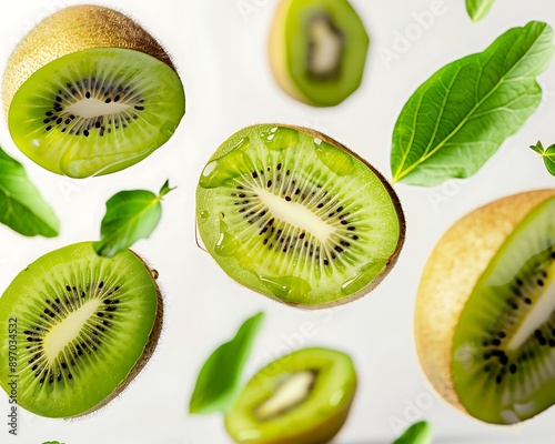 Kiwi halves and green leaves floating above a white background, emphasizing the fruit's freshness and organic nature. The image is detailed and vibrant, showcasing the kiwia??s health benefits. photo