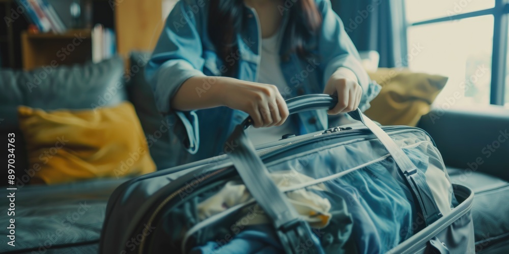 A woman stands in front of a window, holding a piece of luggage A woman stands in front of a window, holding a piece of luggage