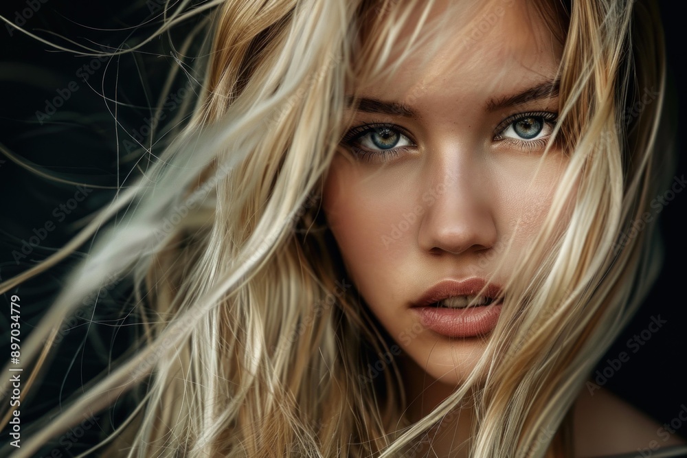 Stunning woman with piercing blue eyes and windblown hair creates a captivating portrait Stunning woman with piercing blue eyes and windblown hair creates a captivating portrait