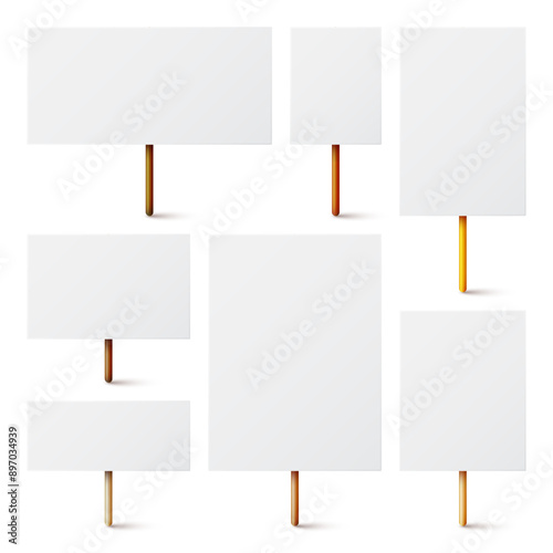Blank white protest sign with wooden holder. Various realistic vector demonstration banners. Strike action cardboard placard mockup. Social advertisement. Vector illustration