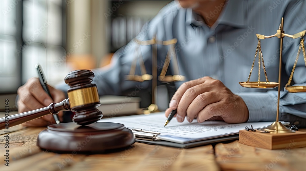 lawyer is sitting at his desk, holding the document in front lawyer is sitting at his desk, holding the document in front