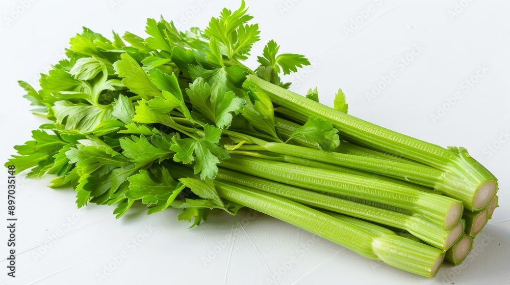 fresh celery on a white solid background. top view. empty space for your text fresh celery on a white solid background. top view. empty space for your text