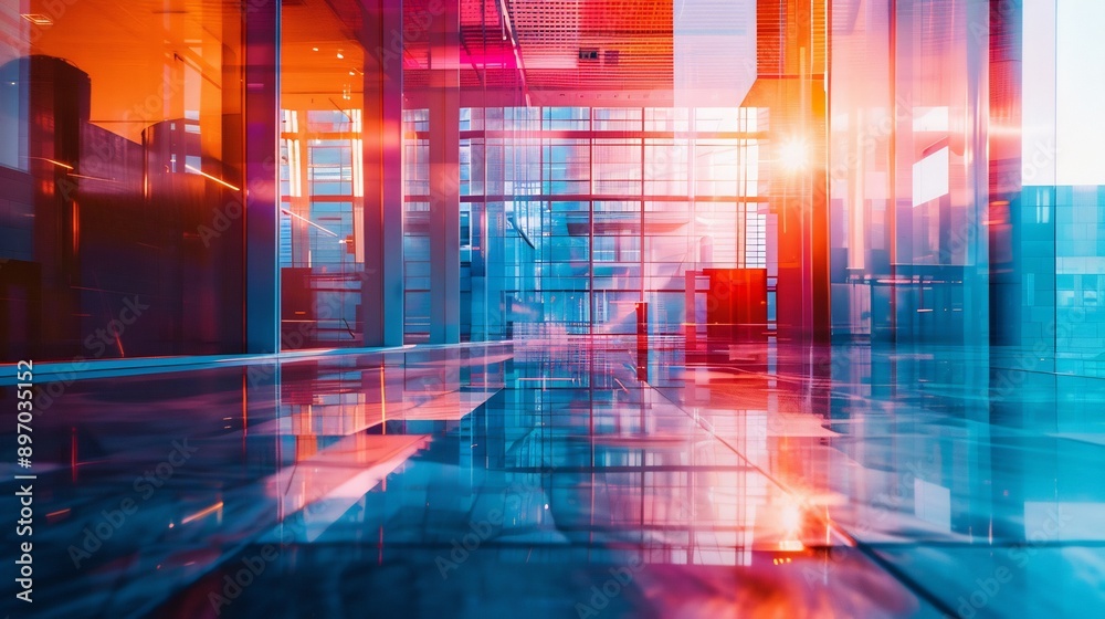 Modern Glass Architecture with Red and Blue Tones