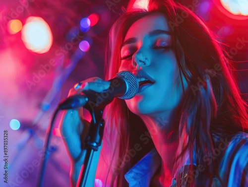 Woman performing live on stage with microphone, isolated from audience photo