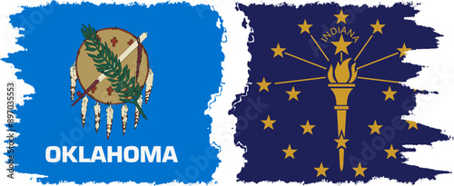 Indiana and Oklahoma states grunge brush flags connection, vector