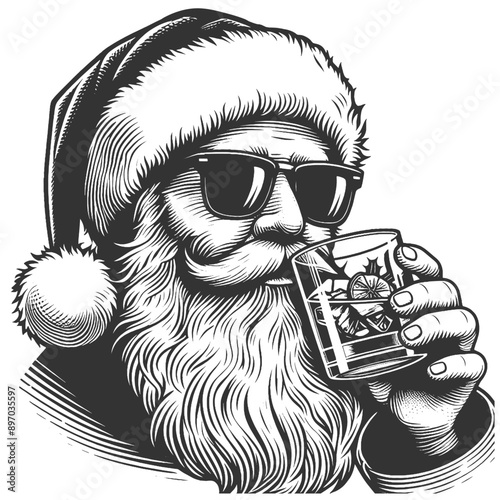 Santa Claus in sunglasses, enjoying a whisky cocktail with a lemon slice and ice cubes sketch engraving generative ai vector illustration. Scratch board imitation. Black and white image.