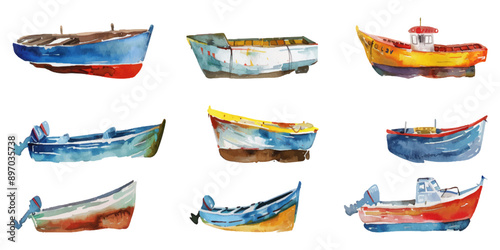 Set of watercolor boats on white background.