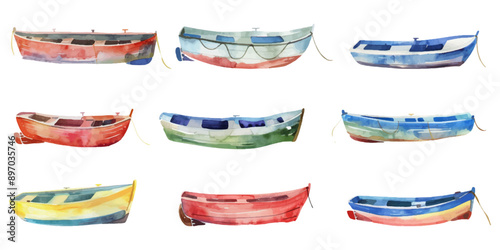 Set of watercolor boats on white background.