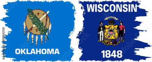 Wisconsin and Oklahoma states grunge brush flags connection, vector