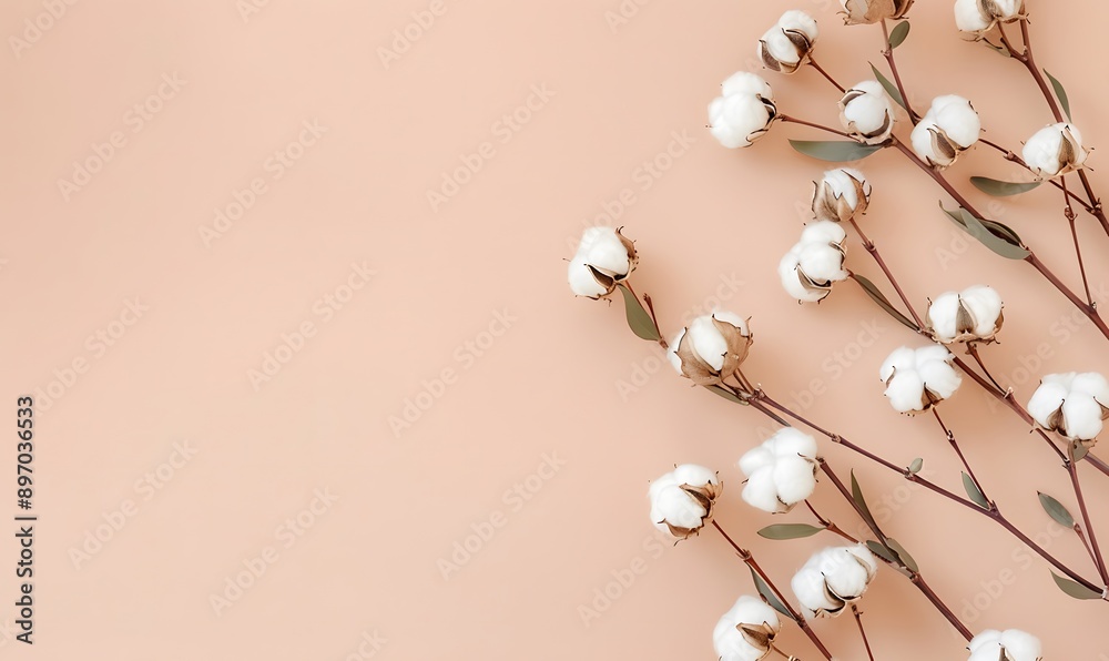 Obraz premium Cotton branch with white bolls and light brown background , Generative AI