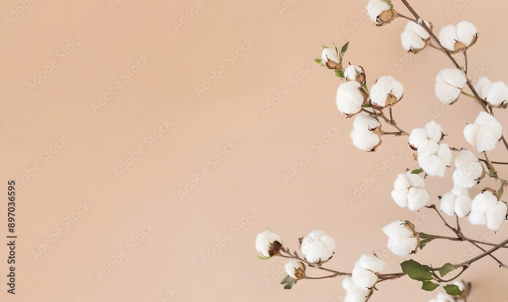 Fototapeta premium Cotton branch with white bolls and light brown background , Generative AI
