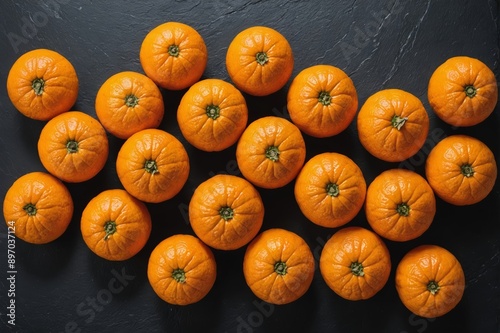 unpeeled , orange tangerines on the table in close-up, a large number of orange citrus fruits on a black slate surface