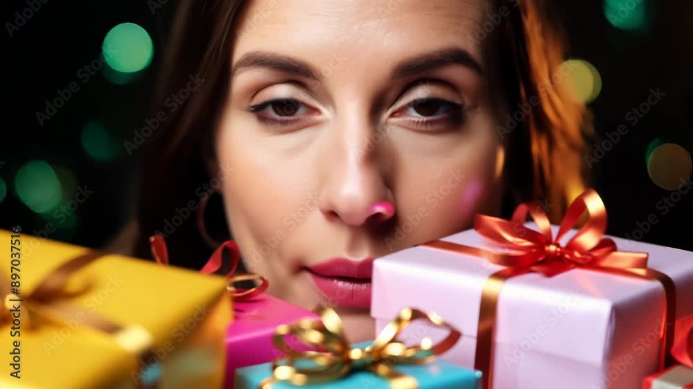 Excited woman receiving colorful gifts at festive celebration with bokeh background Excited woman receiving colorful gifts at festive celebration with bokeh background