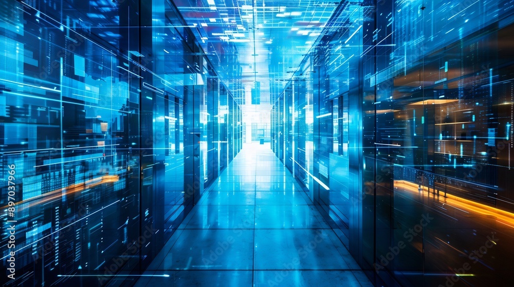 Digital Network Corridor, A Futuristic Server Room Digital Network Corridor, A Futuristic Server Room