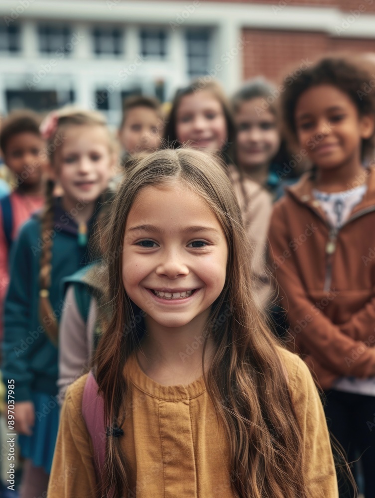 Children standing in a row, smiling and looking up Children standing in a row, smiling and looking up