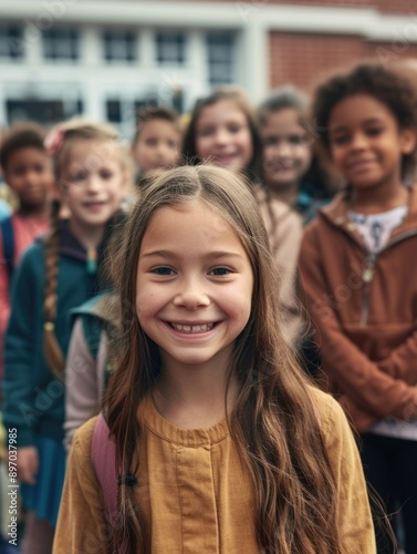 Children standing in a row, smiling and looking up
