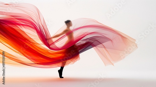 Silhouette of Dancer with Flowing Red and Pink Fabric on White Background, Highlighting Grace and Movement, Perfect for Art and Dance Themes