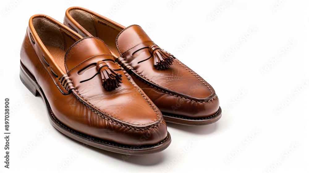 Stylish Brown Leather Loafers with Tassels on White Background, Emphasizing Classic Men's Footwear and Fashion, Ideal for Apparel and Accessory Themes Stylish Brown Leather Loafers with Tassels on White Background, Emphasizing Classic Men's Footwear and Fashion, Ideal for Apparel and Accessory Themes