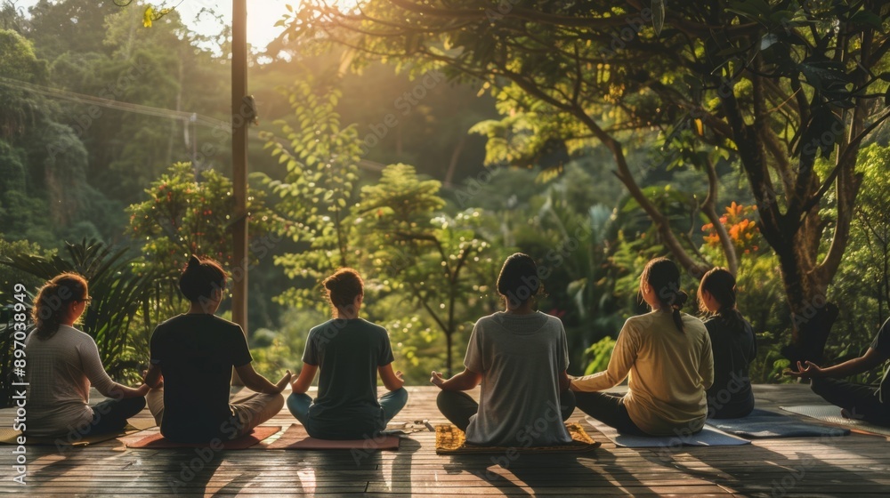 A group of people meditate in a peaceful forest setting, surrounded by lush greenery and bathed in the warm glow of the afternoon sun. A group of people meditate in a peaceful forest setting, surrounded by lush greenery and bathed in the warm glow of the afternoon sun.