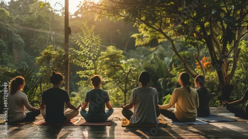 A group of people meditate in a peaceful forest setting, surrounded by lush greenery and bathed in the warm glow of the afternoon sun. © Prostock-studio